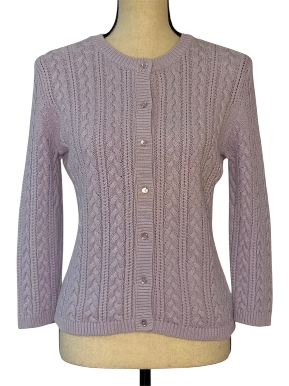 Moda International Lavender Cable Knit Cardigan Sweater Medium Ramie Cotton